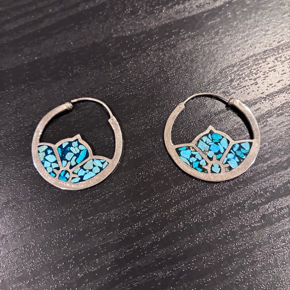 Vintage Sterling Silver with Turquoise Inlay Pierced Hoop Earrings,